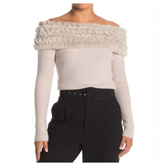 LOVE TOKE Faux Fur Trim Off-the-Shoulder Knit Top